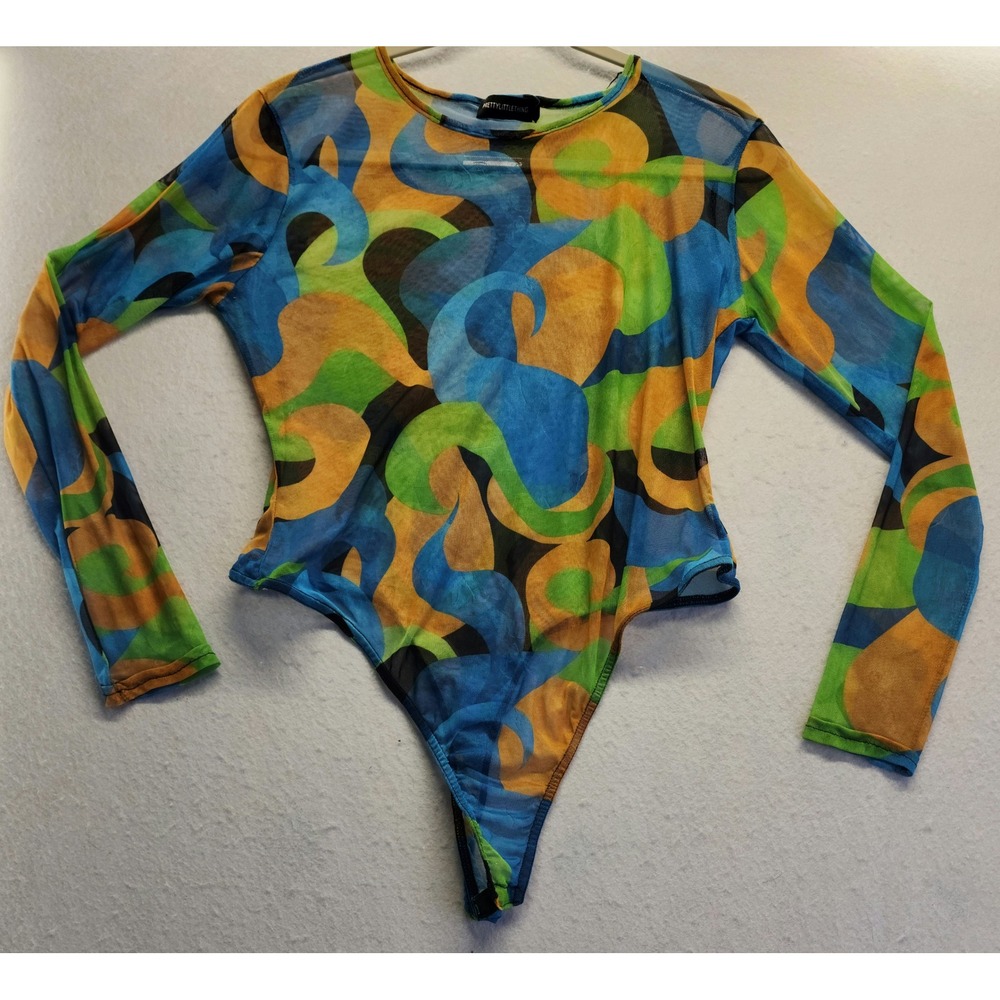 PrettyLittleThing Womens Blue Green Orange Abstract Mesh Long Sleeve Bodysuit - Picture 5 of 9